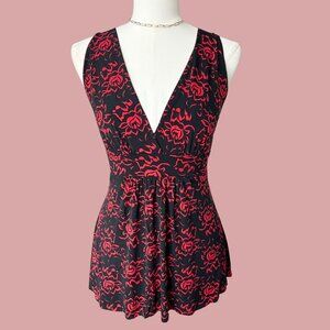Y2K Red and Black Floral Plunge Tank Top